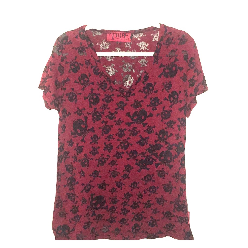 deep red T-shirt with black skeletons.